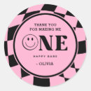 Search for retro pink gingham stickers 1st birthday