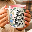 Search for she is clothed in strength mugs Inspirational