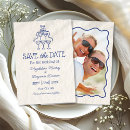 Search for quirky save the dates Champagne tower