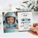 Search for race car 1st birthday invitations Blue