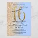 Search for blue sweet 16 invitations Gold glitter
