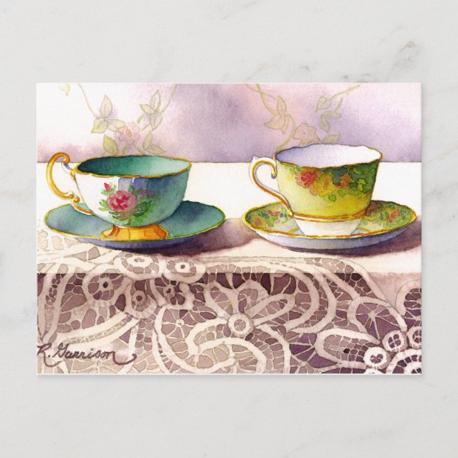 0001 Teacups on Lace Greeting Postcard (Front)