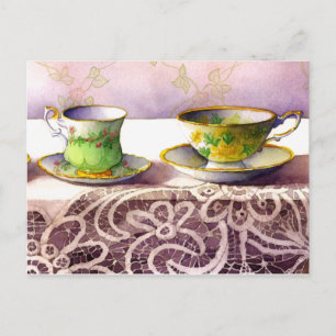 0001 Teacups on Lace Greeting Postcard