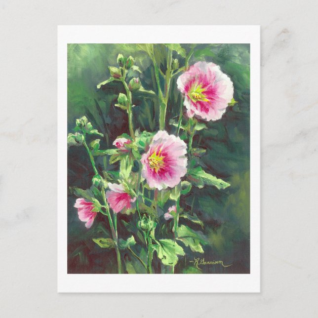 0013 Pink Hollyhocks Postcard (Front)