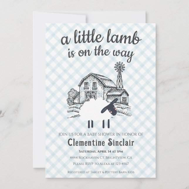 001 Sky Blue A Little Lamb Gingham Baby Shower Invitation (Front)