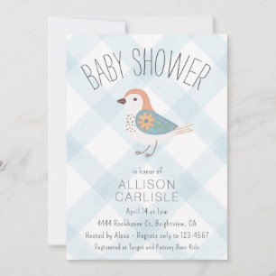 001 Sky Blue Cute Floral Bird Gingham Baby Shower Invitation