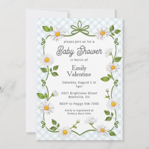 001 Sky Blue Daisy Plaid Baby Shower Invitation