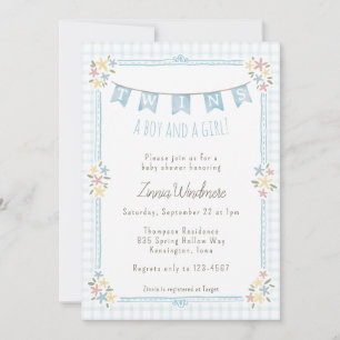 001 Sky Blue Gingham Floral Twins Baby Shower Invitation