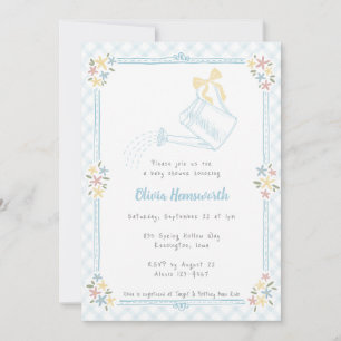 001 Sky Blue Gingham Watering Can Baby Shower Invitation