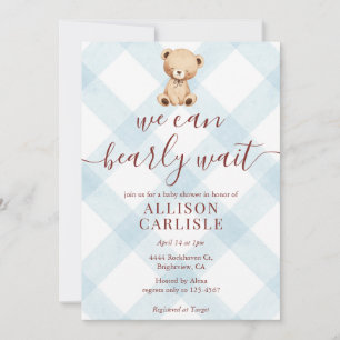 001 Sky Blue Teddy Bear Gingham Baby Shower Invitation
