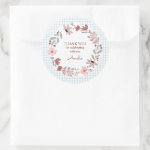 001 Sky Blue Wildflower Bow Frame Gingham Classic Round Sticker