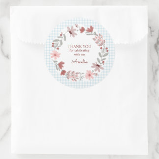 001 Sky Blue Wildflower Bow Frame Gingham Classic Round Sticker