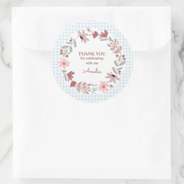 001 Sky Blue Wildflower Bow Frame Gingham Classic Round Sticker (Bag)