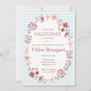 001 Sky Blue Wildflower Bow Frame on Gingham Baby Invitation