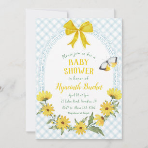 001 Sky Blue Yellow Daisy Bow Gingham Baby Shower Invitation
