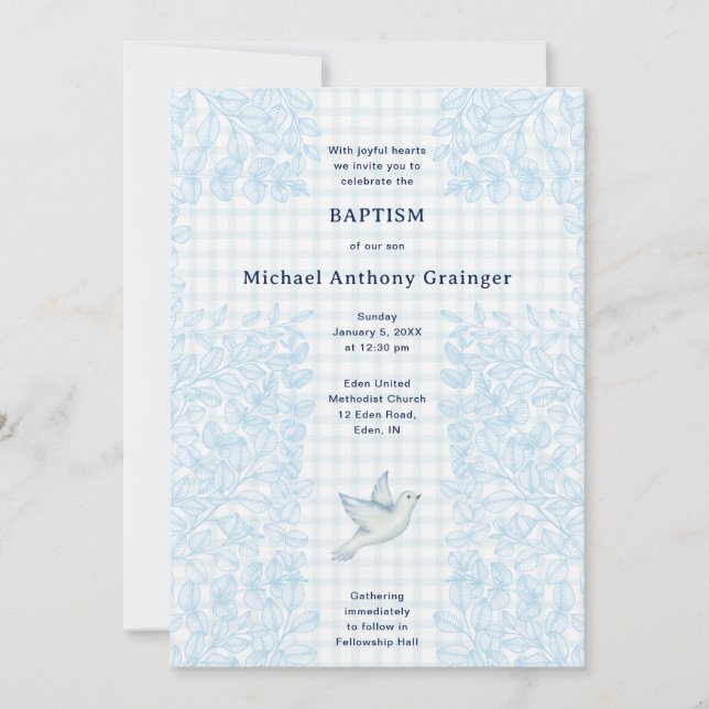 001 Sky Dove Botanical Cross Gingham Baptism Invitation (Front)