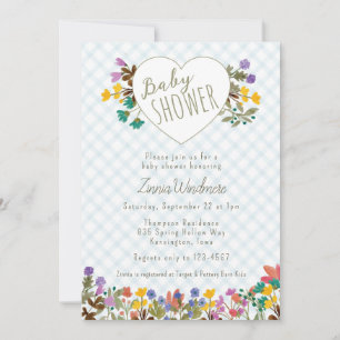 001 Sky Gingham Garden Heart Floral Baby Shower Invitation