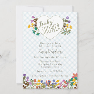 001 Sky Gingham Garden Heart Floral Baby Shower Invitation