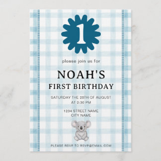 001 Sky Watercolor Check Koala Birthday Invitation