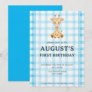 002 Cerulean Blue Check Giraffe Birthday Invite