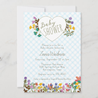002 Cerulean Blue Garden Heart Floral Baby Shower Invitation