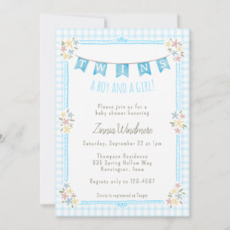 002 Cerulean Blue Gingham Floral Twins Baby Shower Invitation