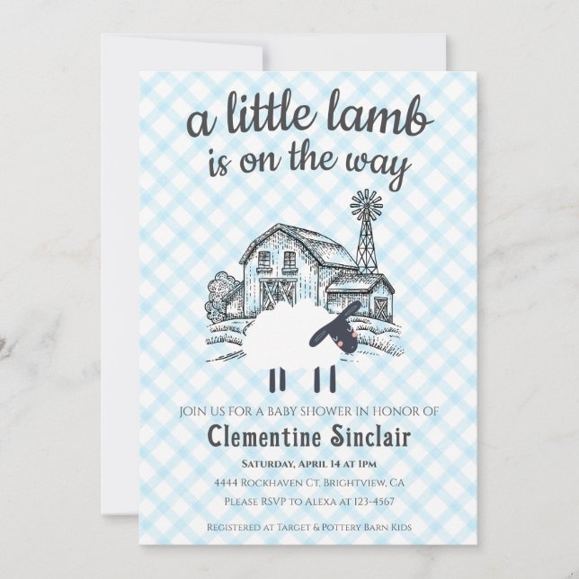 002 Cerulean Blue Little Lamb Gingham Baby Shower Invitation (Front)