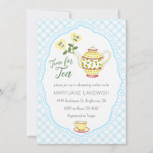 002 Cerulean Cute Gingham Tea Party Baby Shower Invitation
