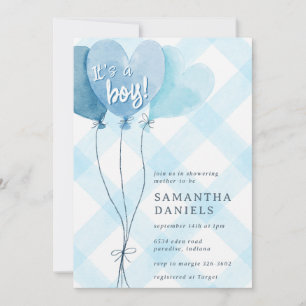 002 Cerulean Heart Balloon Gingham Baby Shower Invitation