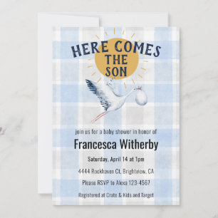 003 Cobalt 020 Fog Sun Plaid Stork Baby Shower Invitation