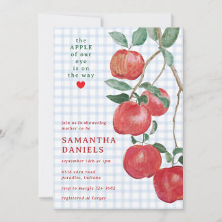 003 Cobalt Apple of Our Eye Gingham Baby Shower Invitation