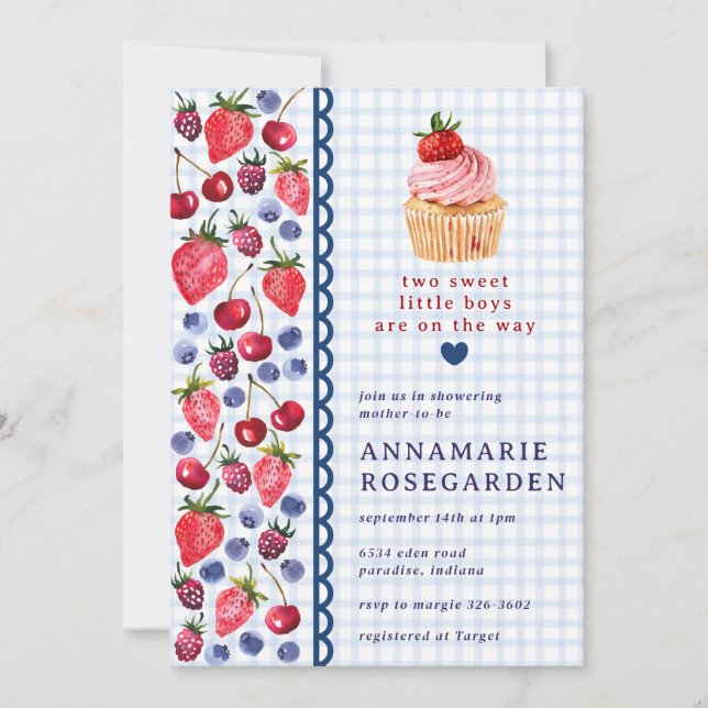 003 Cobalt Blue Berry Patch Cupcake Baby Shower Invitation (Front)