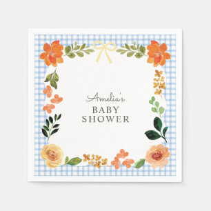 003 Cobalt Blue Floral Gingham Baby Shower Napkin