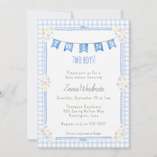003 Cobalt Blue Gingham Floral Twins Baby Shower Invitation
