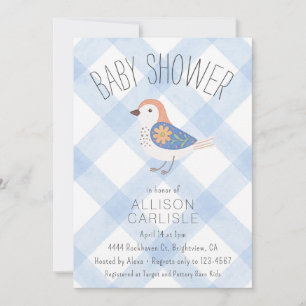 003 Cobalt Cute Floral Bird Gingham Baby Shower Invitation
