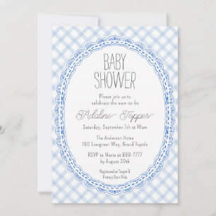 003 Cobalt Vintage Lace Frame Gingham Baby Shower Invitation