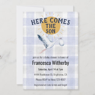 004 Indigo 020 Fog Sun Plaid Stork Baby Shower Invitation