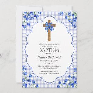 004 Indigo Blossom Rustic Cross Design Baptism Invitation