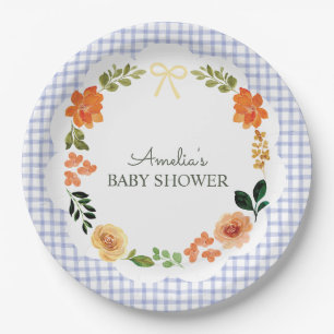 004 Indigo Blue Floral Gingham Baby Shower Paper Plate
