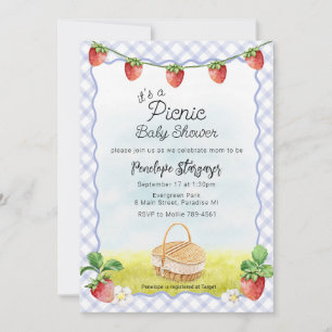 004 Indigo Blue Strawberry Picnic Baby Shower Invitation