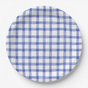 004 Indigo Blue Watercolor Gingham L Paper Plates