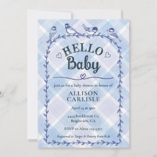 004 Indigo Watercolor Gingham Birds Baby Shower Invitation