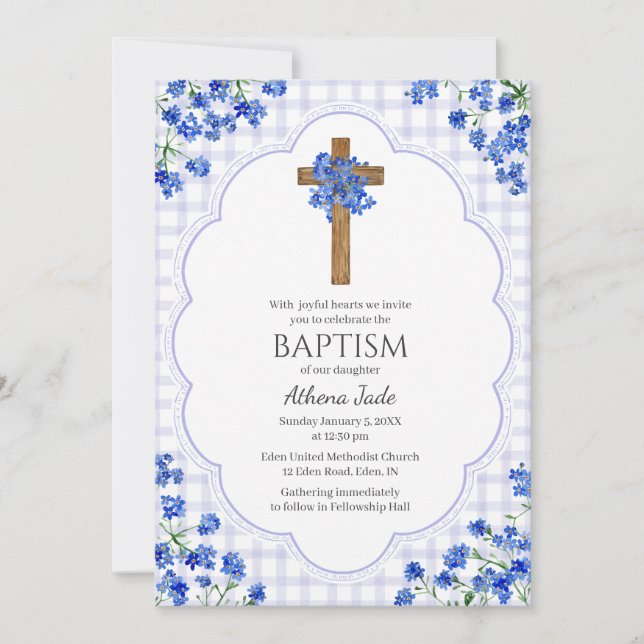 005 Iris Blossom Rustic Cross Design Baptism Invitation (Front)
