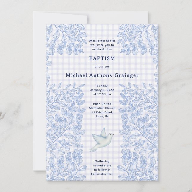 005 Iris Dove Botanical Cross Gingham Baptism Invitation (Front)