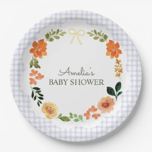 005 Iris Lavender Floral Gingham Baby Shower Paper Plate