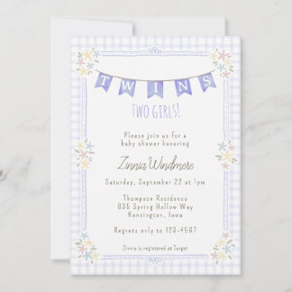 005 Iris Purple Gingham Floral Twins Baby Shower Invitation