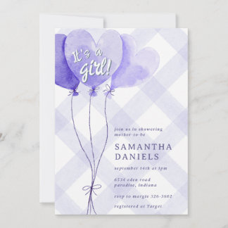 005 Iris Purple Heart Balloon Gingham Baby Shower Invitation