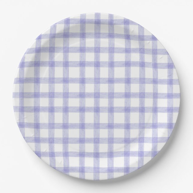 005 Iris Purple Watercolor Gingham L Paper Plates (Front)