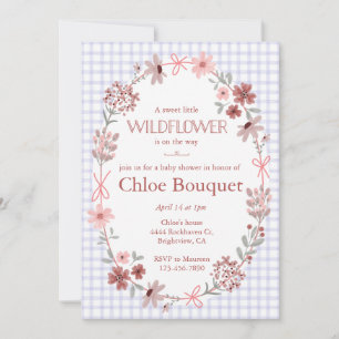 005 Iris Purple Wildflower Bow Gingham Baby Shower Invitation