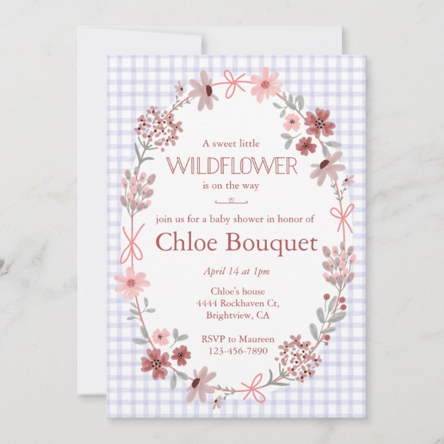 005 Iris Purple Wildflower Bow Gingham Baby Shower Invitation (Front)